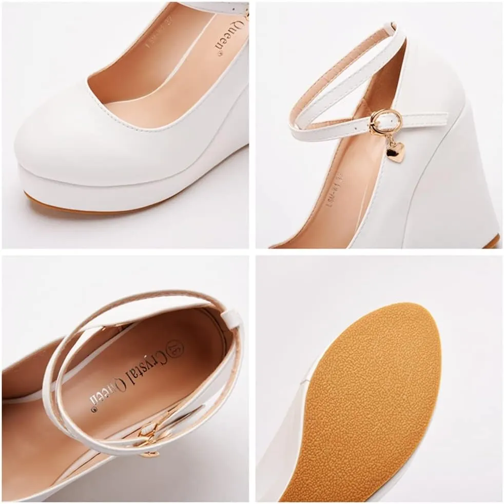 Women's Mary Jane Wedge Solid Buckle Evening Dress Round Toe Platform Lolita Shoes Cross Shoes 4 Inch Heel Height Pumps