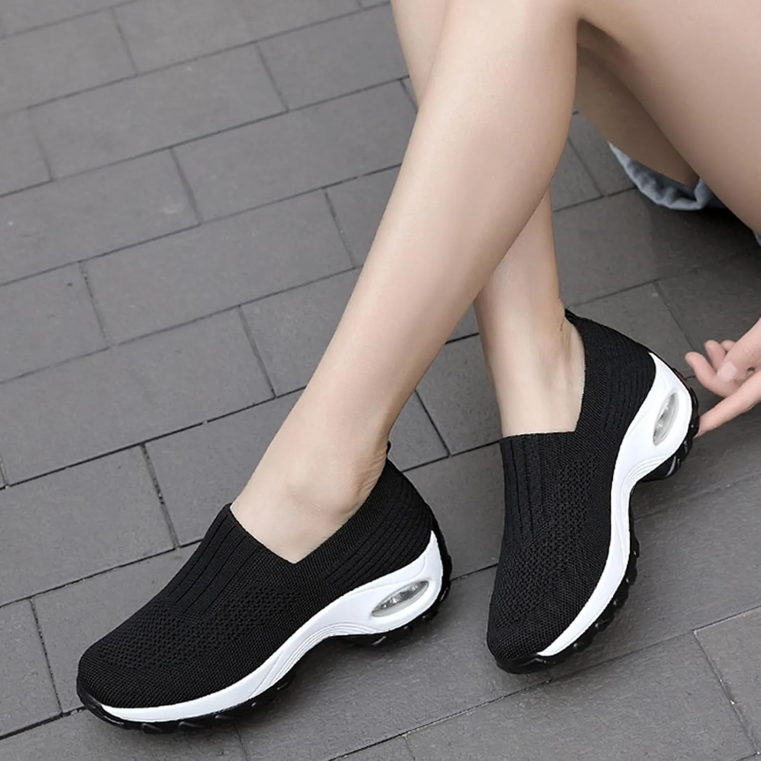 Women's Mesh Orthopedic Air Cushion Trainers Casual Slip-on Sock Walking Shoes Fashion Comfortable Thick Sole Work Laces Arch Support