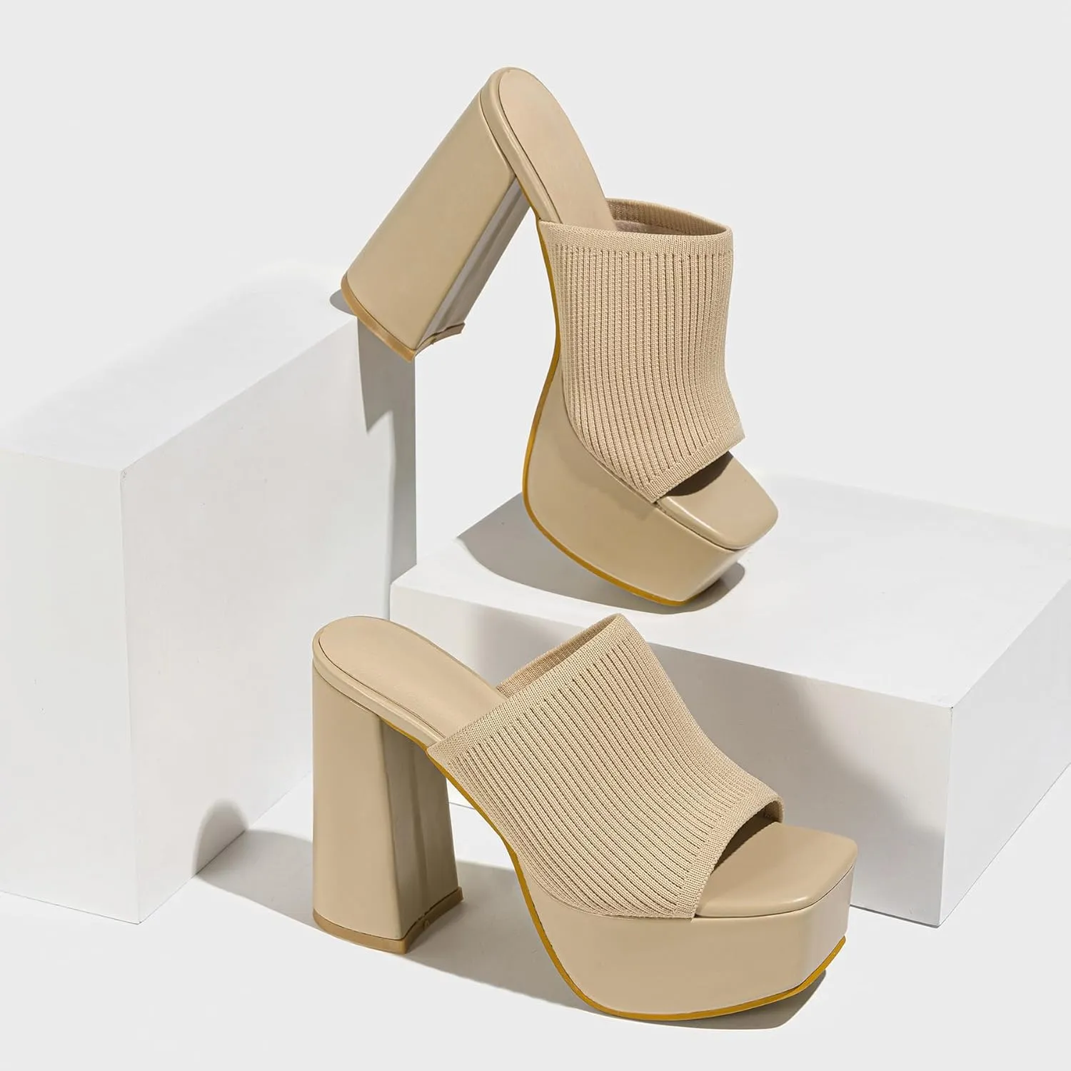 Women's Platform Chunky Heel Sandals Slip-On Square Open Toe High Heel Sandals Knitted Comfortable Dress Sandals