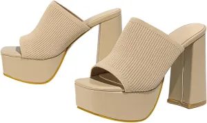 Women's Platform Chunky Heel Sandals Slip-On Square Open Toe High Heel Sandals Knitted Comfortable Dress Sandals
