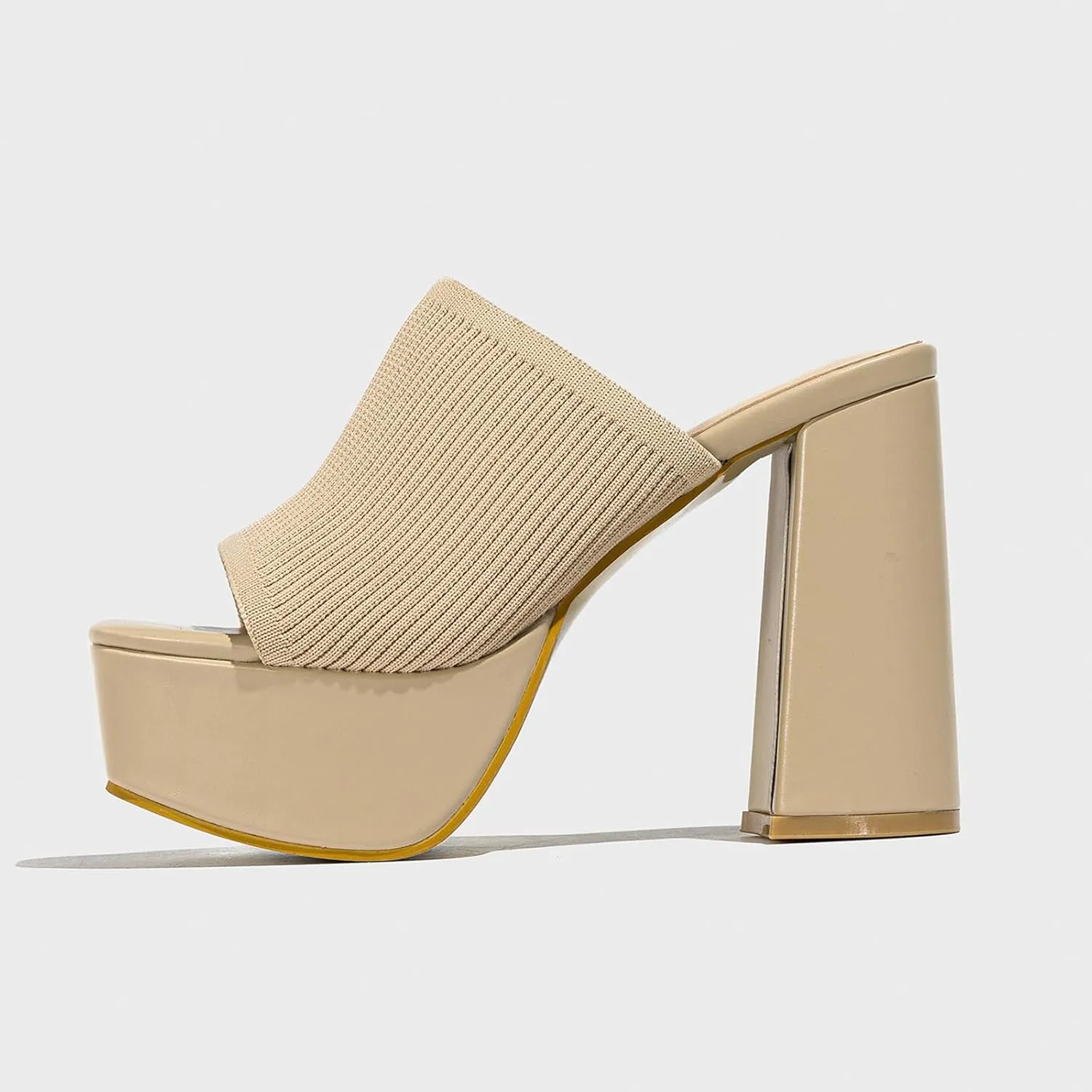 Women's Platform Chunky Heel Sandals Slip-On Square Open Toe High Heel Sandals Knitted Comfortable Dress Sandals