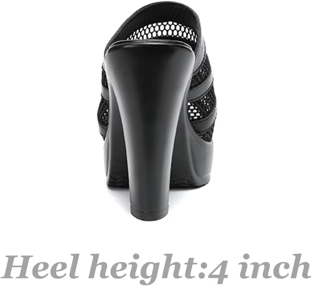 Women's Platform Fish Mouth Mesh Mule High Heels Comfortable Slip On Chunky High Heel Wedge Sandals backless Heels Sandals