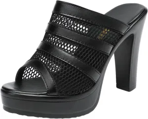 Women's Platform Fish Mouth Mesh Mule High Heels Comfortable Slip On Chunky High Heel Wedge Sandals backless Heels Sandals