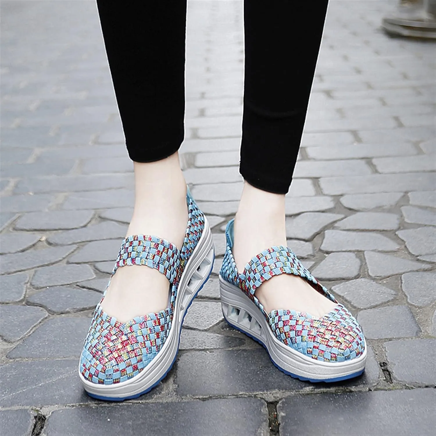 Women's Platform Wedge Sandals Slip on Woven Pumps Mary Jane Shoes Comfortable Walking Shoes