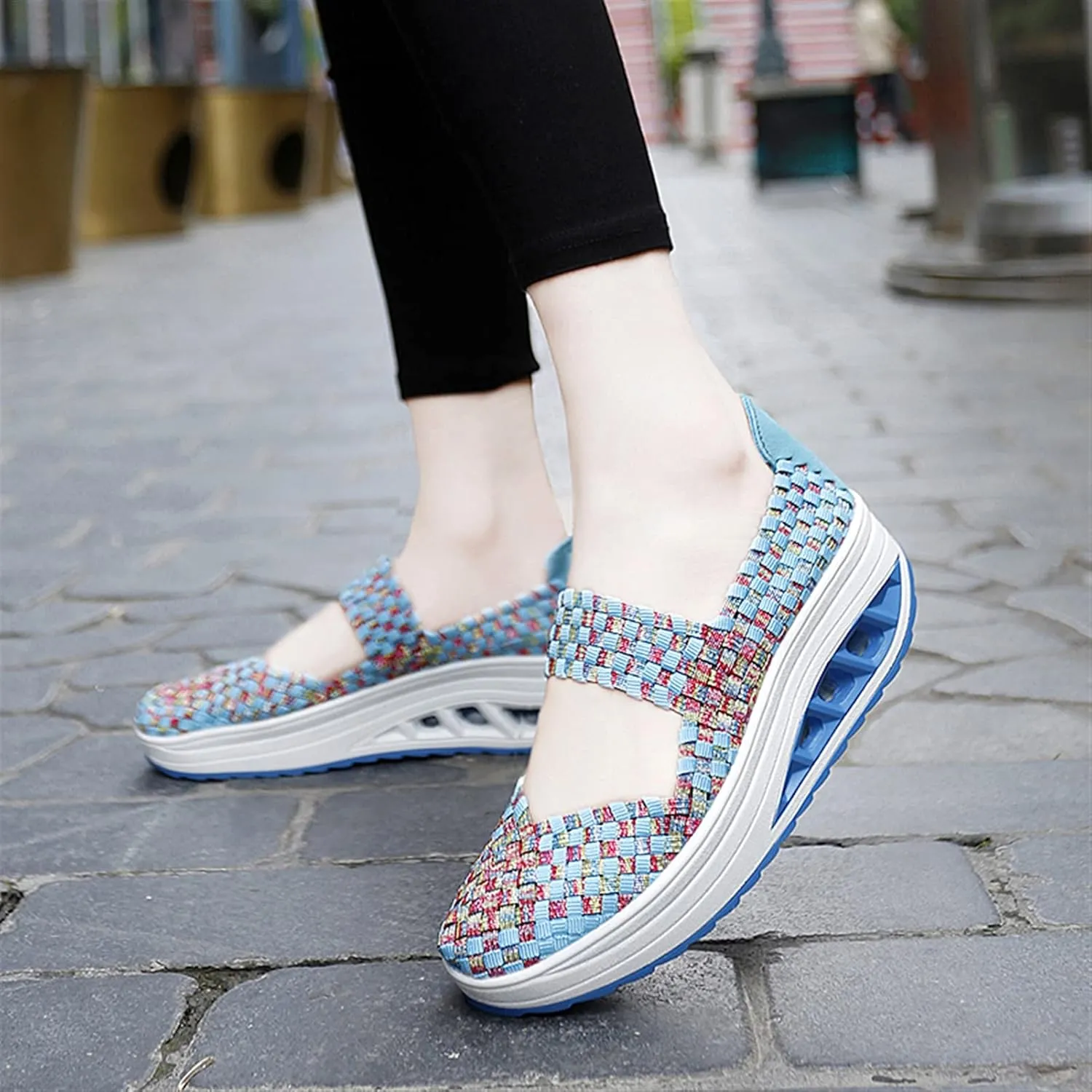 Women's Platform Wedge Sandals Slip on Woven Pumps Mary Jane Shoes Comfortable Walking Shoes