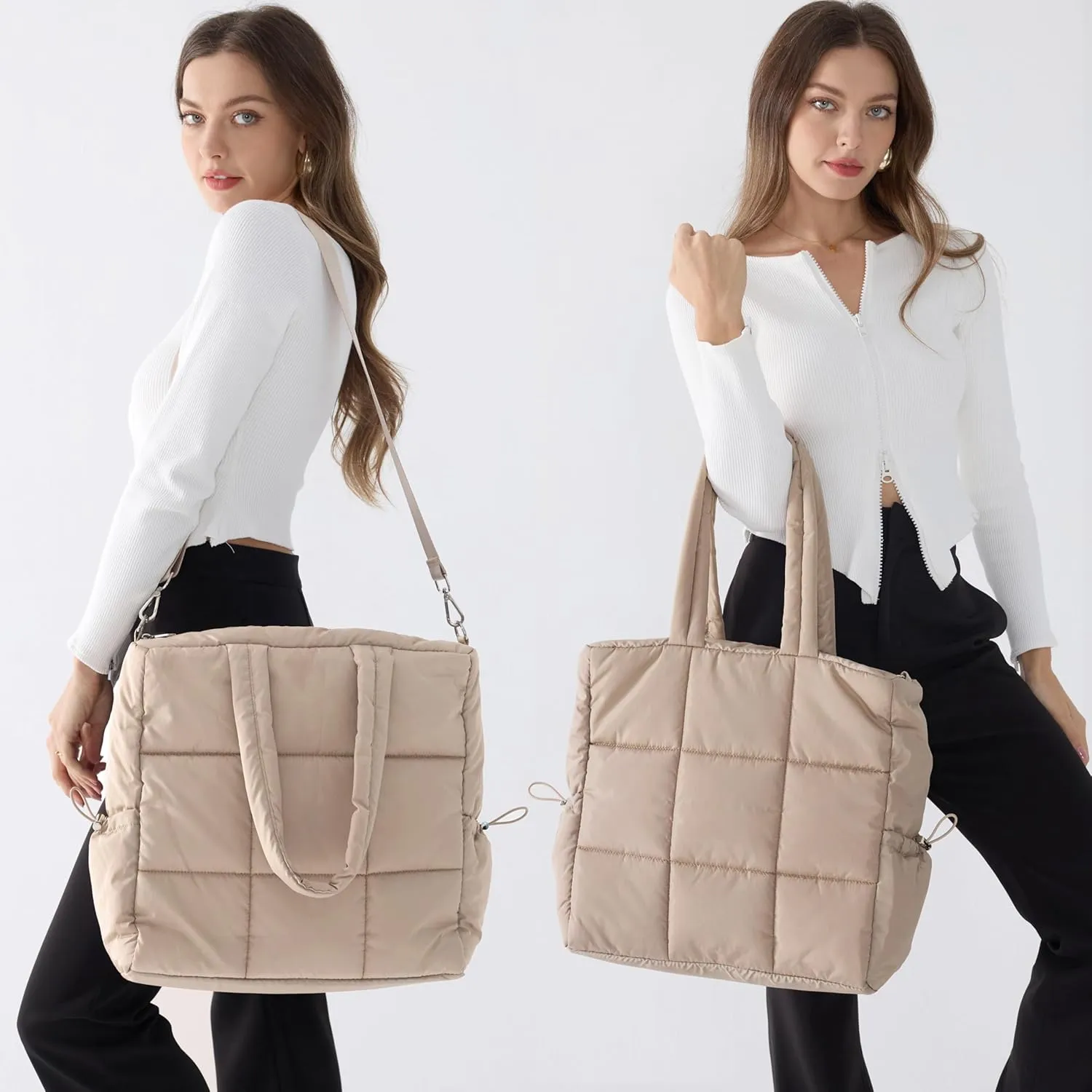 Women's Puffer Quilted Tote Bag Lightweight Satchel with Detachable Shoulder Strap Purse for for Travel, Work