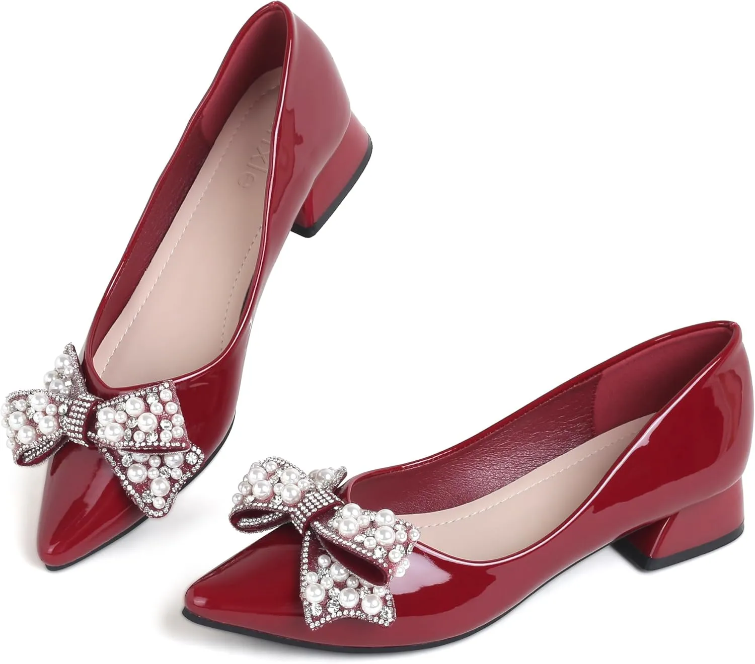 Women's Pumps Low Chunky Block Heel Rhinestone Closed Pointed Toe Comfortable Slip on Work Dress Shoes for Office