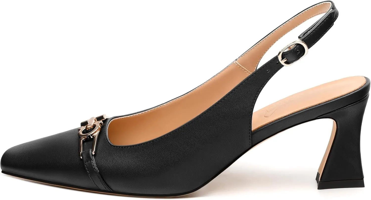 Womens Pumps, Small Square Toe Mid Small Block Heel Slingback Pumps for Women, Leather Insole Dress Pumps with Metal Buckle for Working 2.5"