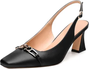 Womens Pumps, Small Square Toe Mid Small Block Heel Slingback Pumps for Women, Leather Insole Dress Pumps with Metal Buckle for Working 2.5"