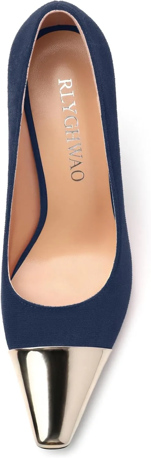 Women's Pumps, Square Toe High Heels, Fashion Patchwork Color Slip On Chunky Heel Shoes for Women