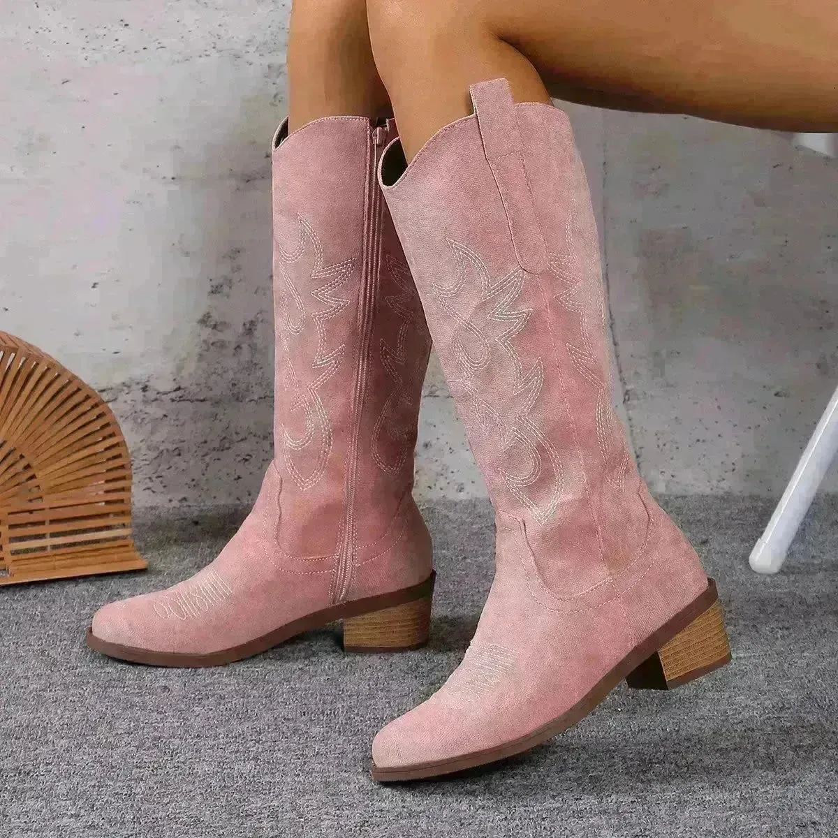 Women's Retro Pointed Toe Chunky Heel Solid Color Side Zipper Mid-calf Cowboy Boot