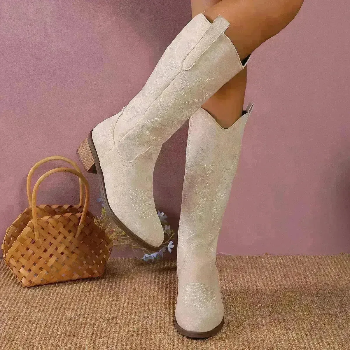 Women's Retro Pointed Toe Chunky Heel Solid Color Side Zipper Mid-calf Cowboy Boot
