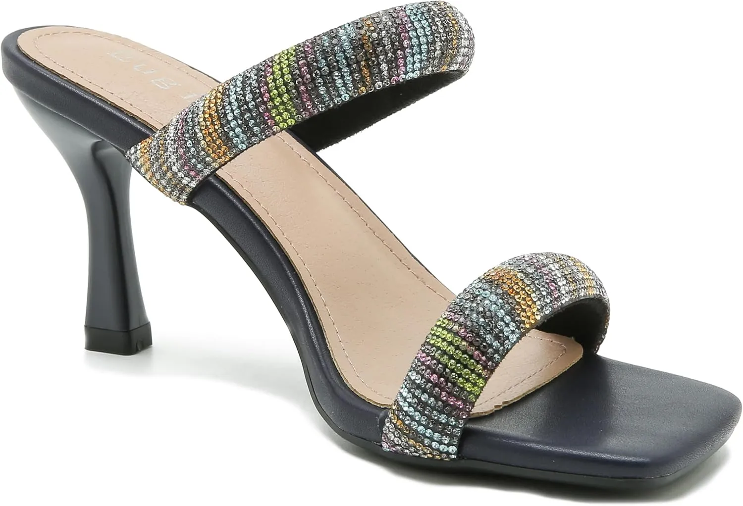 Women's Rhinestone Heeled Sandals Square Open Toe Strappy Two Strap Mule Sandals Slip On Holiday Party Wedding Dress Shoes