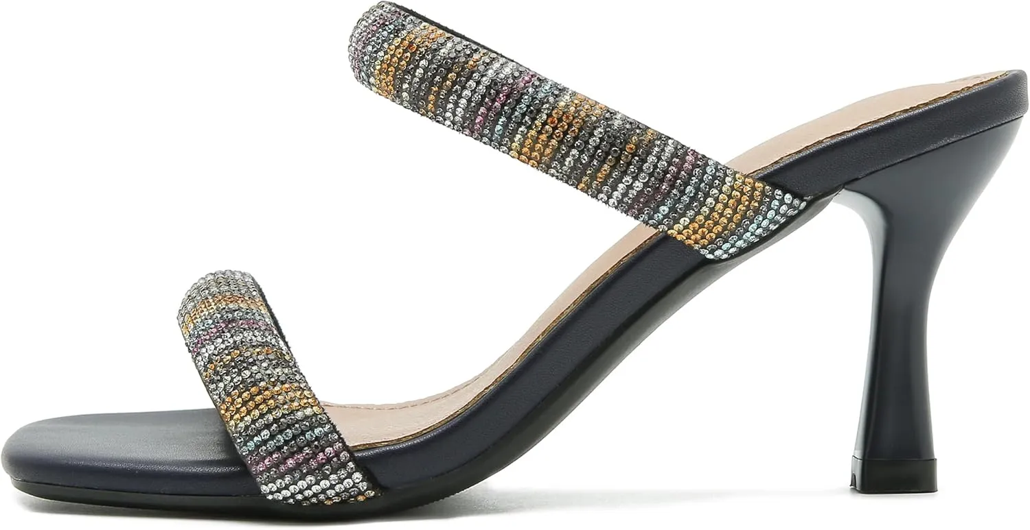 Women's Rhinestone Heeled Sandals Square Open Toe Strappy Two Strap Mule Sandals Slip On Holiday Party Wedding Dress Shoes