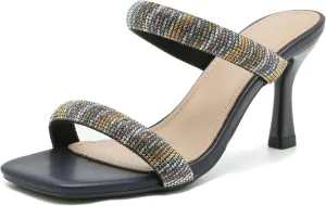Women's Rhinestone Heeled Sandals Square Open Toe Strappy Two Strap Mule Sandals Slip On Holiday Party Wedding Dress Shoes