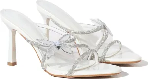 Women's Rhinestone Strappy Stiletto Slide Sandals Fashion Butterfly Decoration Slip-On Round Open Toe High Heels Summer Wedding Prom Dresses Mule Sandals