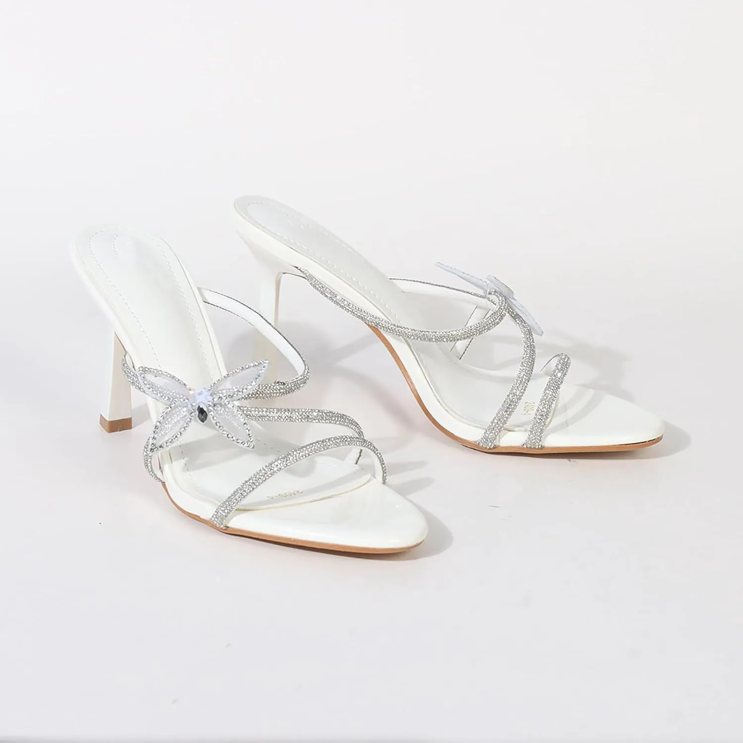 Women's Rhinestone Strappy Stiletto Slide Sandals Fashion Butterfly Decoration Slip-On Round Open Toe High Heels Summer Wedding Prom Dresses Mule Sandals