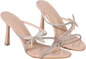 Women's Rhinestone Strappy Stiletto Slide Sandals Fashion Butterfly Decoration Slip-On Round Open Toe High Heels Summer Wedding Prom Dresses Mule Sandals