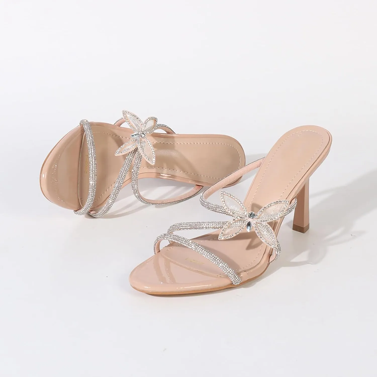 Women's Rhinestone Strappy Stiletto Slide Sandals Fashion Butterfly Decoration Slip-On Round Open Toe High Heels Summer Wedding Prom Dresses Mule Sandals