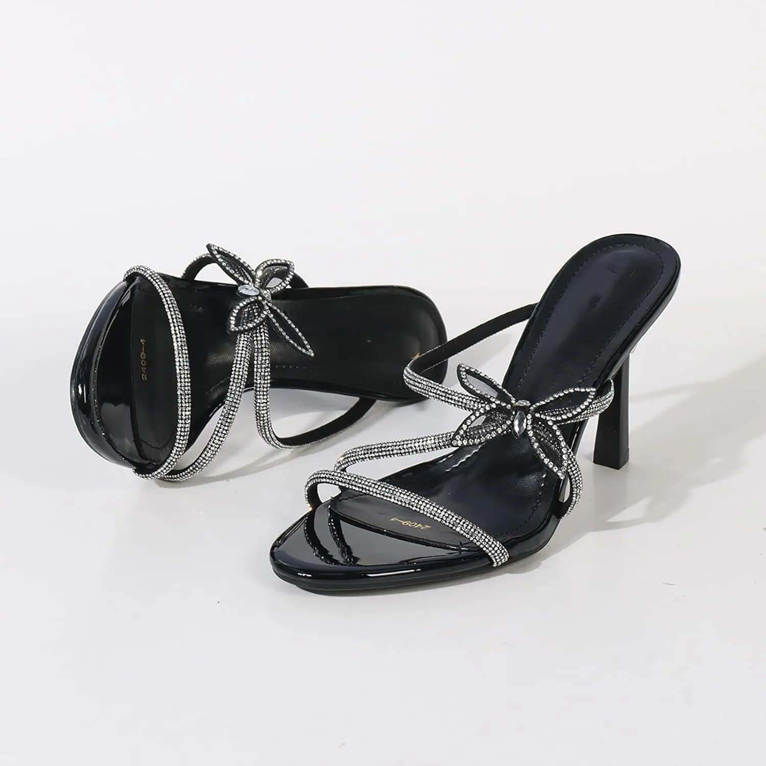 Women's Rhinestone Strappy Stiletto Slide Sandals Fashion Butterfly Decoration Slip-On Round Open Toe High Heels Summer Wedding Prom Dresses Mule Sandals