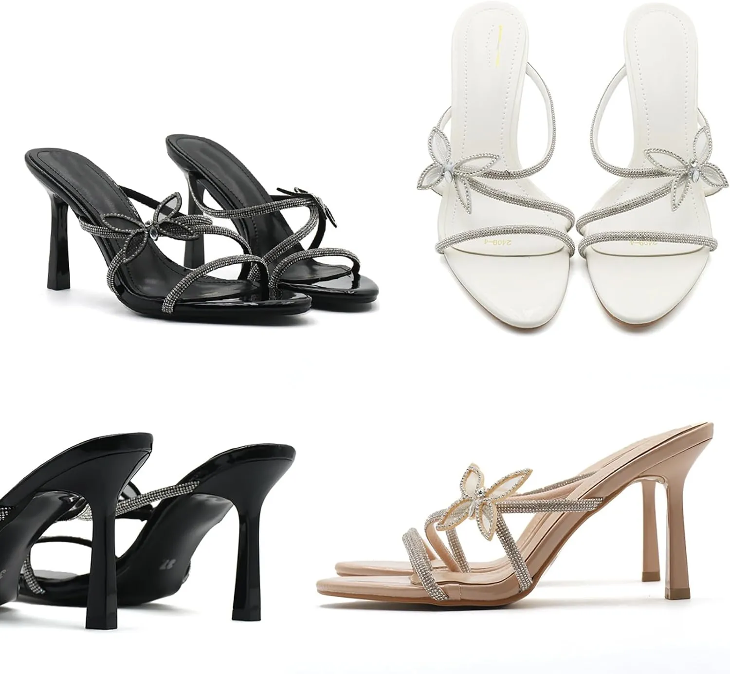 Women's Rhinestone Strappy Stiletto Slide Sandals Fashion Butterfly Decoration Slip-On Round Open Toe High Heels Summer Wedding Prom Dresses Mule Sandals