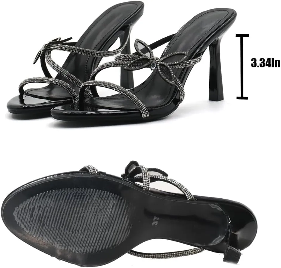 Women's Rhinestone Strappy Stiletto Slide Sandals Fashion Butterfly Decoration Slip-On Round Open Toe High Heels Summer Wedding Prom Dresses Mule Sandals