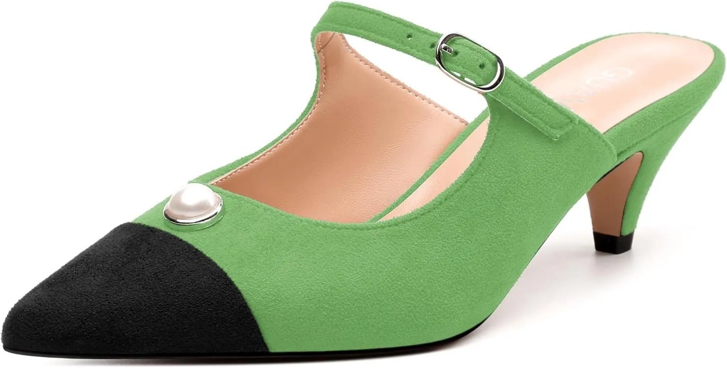 Women's Sandals, Pointed Toe Low Kitten Heels, Two Toned Patchwork Fashion Backstrap Buckle Slide Sandal for Working Wedding Party