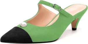 Women's Sandals, Pointed Toe Low Kitten Heels, Two Toned Patchwork Fashion Backstrap Buckle Slide Sandal for Working Wedding Party