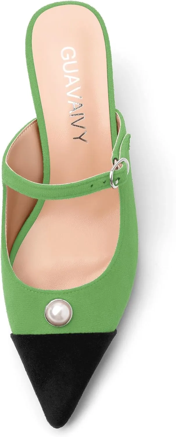 Women's Sandals, Pointed Toe Low Kitten Heels, Two Toned Patchwork Fashion Backstrap Buckle Slide Sandal for Working Wedding Party