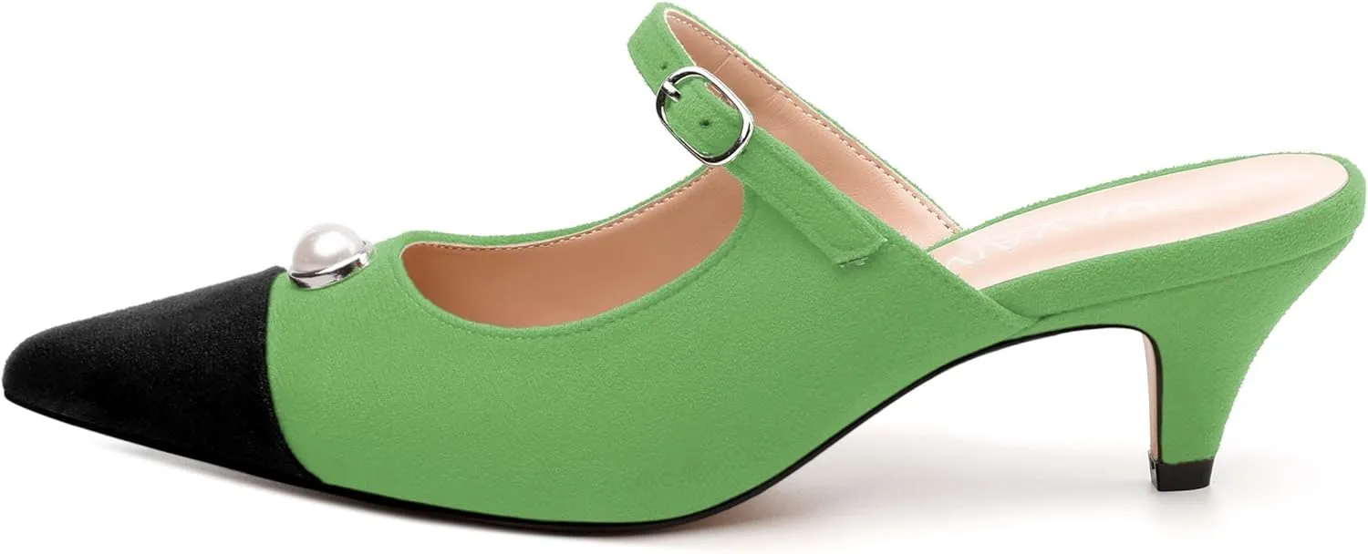 Women's Sandals, Pointed Toe Low Kitten Heels, Two Toned Patchwork Fashion Backstrap Buckle Slide Sandal for Working Wedding Party