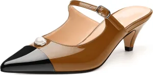 Women's Slide Sandals, Backstrap Buckle Low Kitten Heels, Two Toned Patchwork Pointed Toe, Fashion Party Daily Dress Shoes for Women