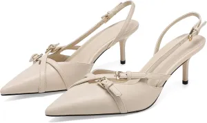 Women's Slingback Kitten Heels Buckle Strap Work Pumps Pointed Toe Slip On Comfortable Dress Shoes