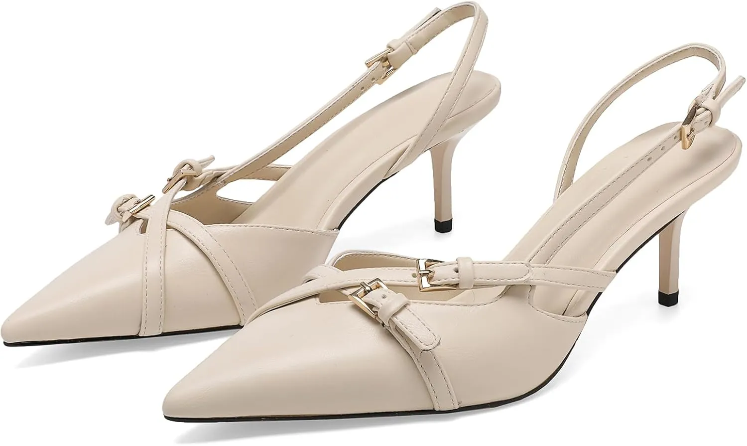 Women's Slingback Kitten Heels Buckle Strap Work Pumps Pointed Toe Slip On Comfortable Dress Shoes