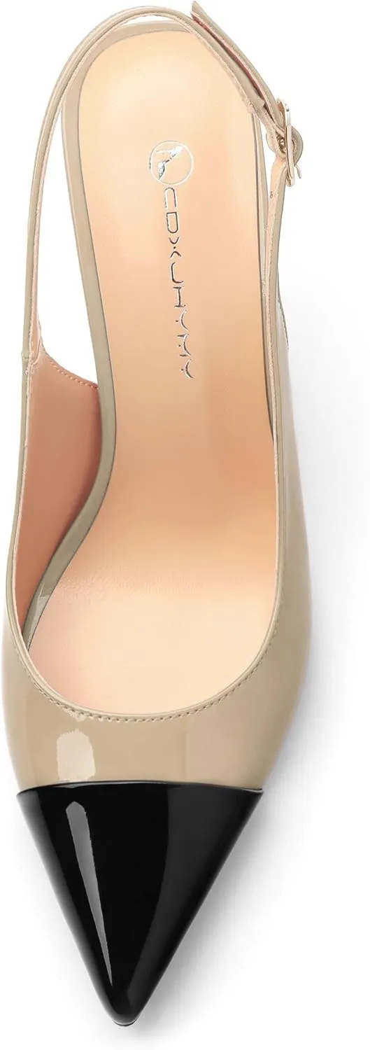 Women's Slingback Kitten Heels Pointed Toe Pumps Cap Teo High Heel Shoes Two Tone Splicing Shoes for Casual Party Wedding Office 3.1"