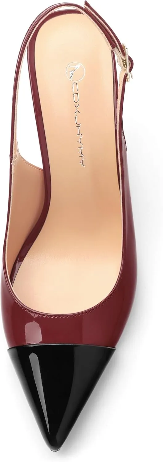 Women's Slingback Kitten Heels Pointed Toe Pumps Cap Teo High Heel Shoes Two Tone Splicing Shoes for Casual Party Wedding Office 3.1"