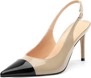 Women's Slingback Kitten Heels Pointed Toe Pumps Cap Teo High Heel Shoes Two Tone Splicing Shoes for Casual Party Wedding Office 3.1"