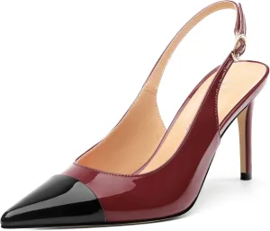 Women's Slingback Kitten Heels Pointed Toe Pumps Cap Teo High Heel Shoes Two Tone Splicing Shoes for Casual Party Wedding Office 3.1"