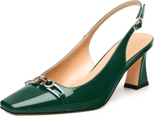 Womens Slingback Pumps, Small Square Toe and Chunky Heel Pumps with Metal Buckle, Leather Insole Comfort Slingbakc Daily Work Pumps 2.5"