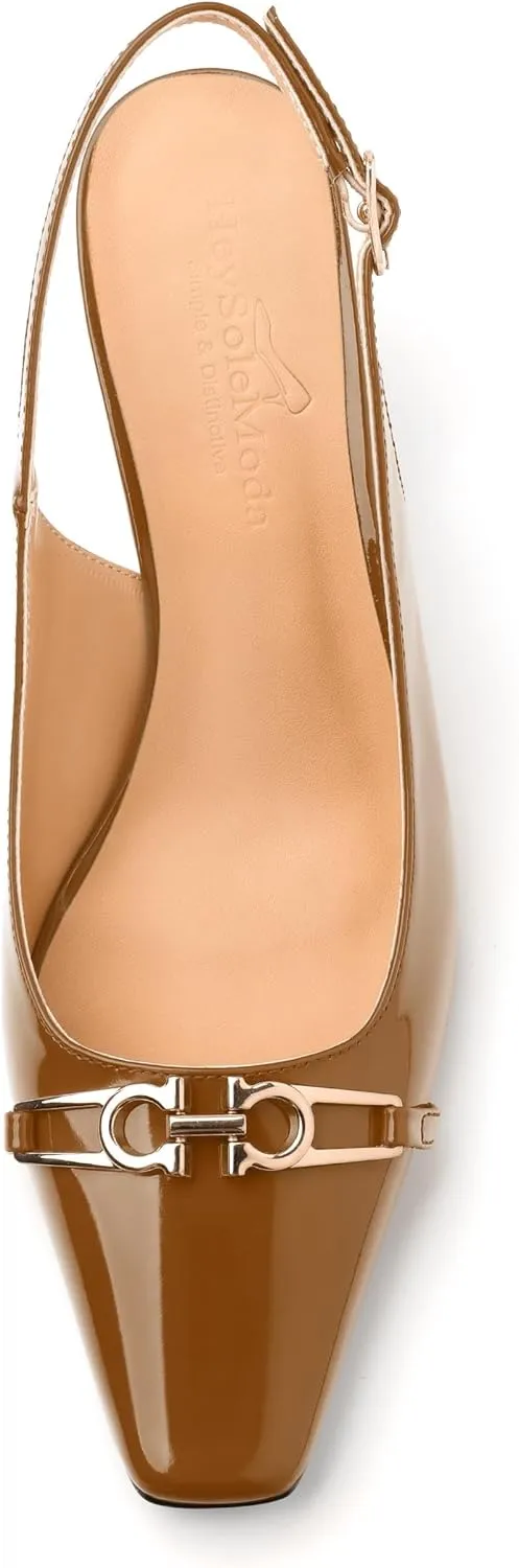 Womens Slingback Pumps, Small Square Toe and Chunky Heel Pumps with Metal Buckle, Leather Insole Comfort Slingbakc Daily Work Pumps 2.5"