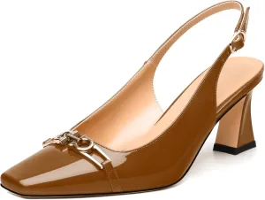 Womens Slingback Pumps, Small Square Toe and Chunky Heel Pumps with Metal Buckle, Leather Insole Comfort Slingbakc Daily Work Pumps 2.5"