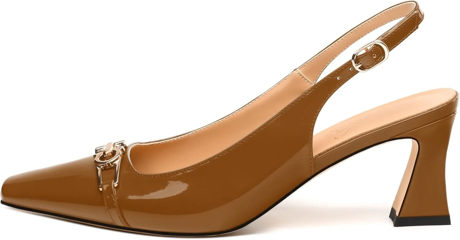 Womens Slingback Pumps, Small Square Toe and Chunky Heel Pumps with Metal Buckle, Leather Insole Comfort Slingbakc Daily Work Pumps 2.5"