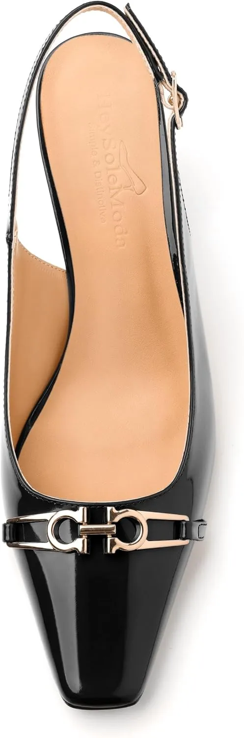 Womens Slingback Pumps, Small Square Toe and Chunky Heel Pumps with Metal Buckle, Leather Insole Comfort Slingbakc Daily Work Pumps 2.5"