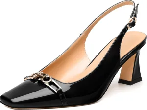 Womens Slingback Pumps, Small Square Toe and Chunky Heel Pumps with Metal Buckle, Leather Insole Comfort Slingbakc Daily Work Pumps 2.5"