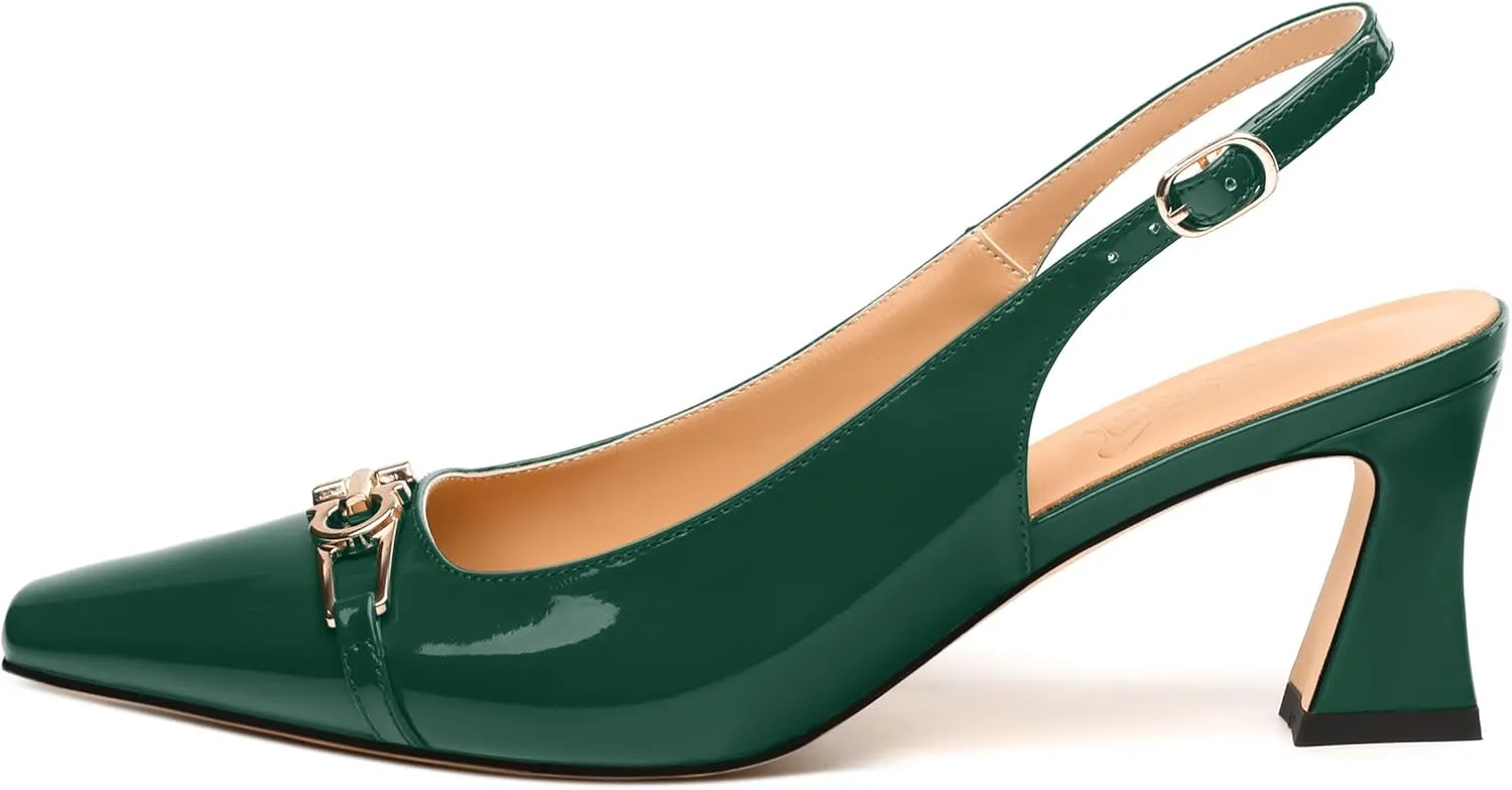 Womens Slingback Pumps, Small Square Toe and Chunky Heel Pumps with Metal Buckle, Leather Insole Comfort Slingbakc Daily Work Pumps 2.5"