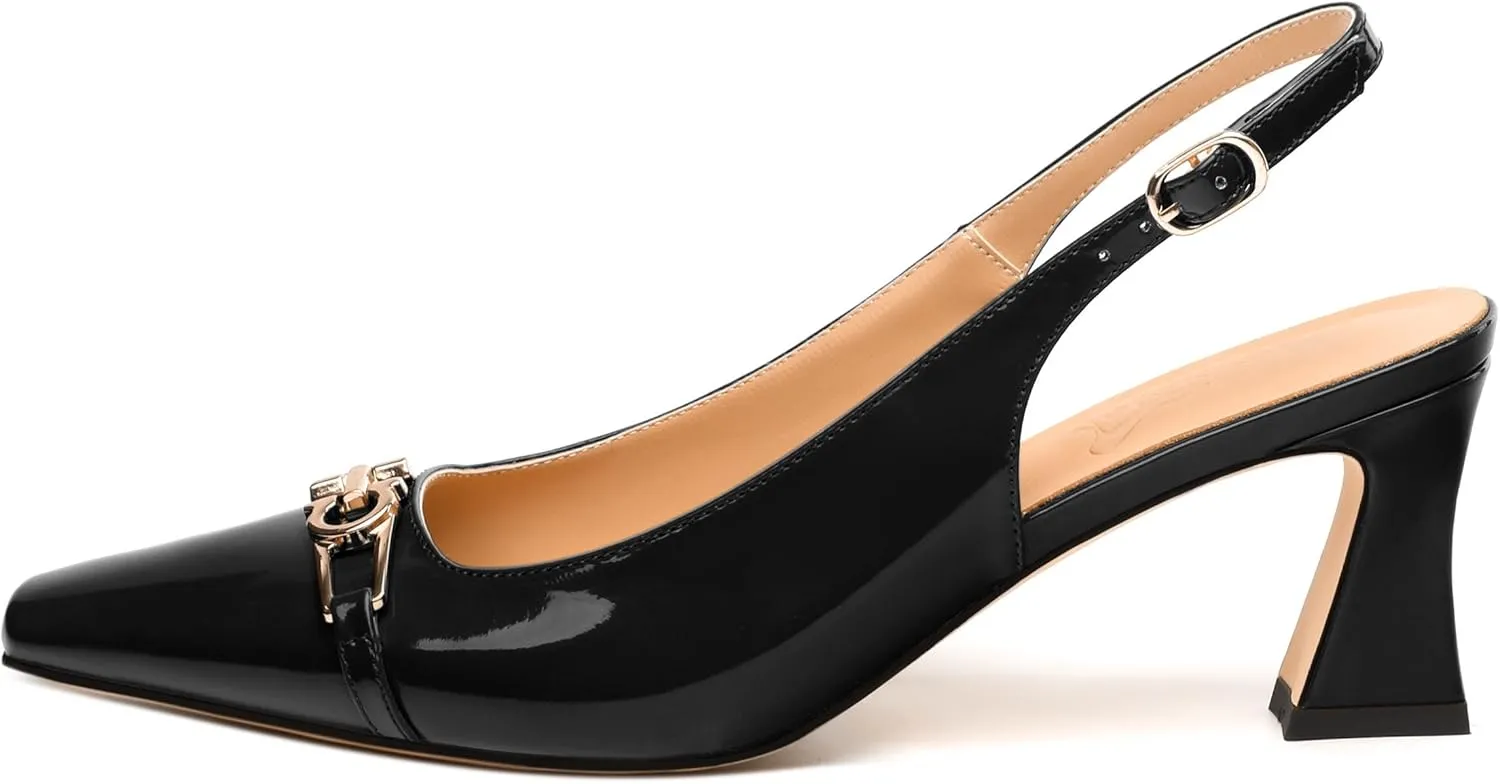 Womens Slingback Pumps, Small Square Toe and Chunky Heel Pumps with Metal Buckle, Leather Insole Comfort Slingbakc Daily Work Pumps 2.5"