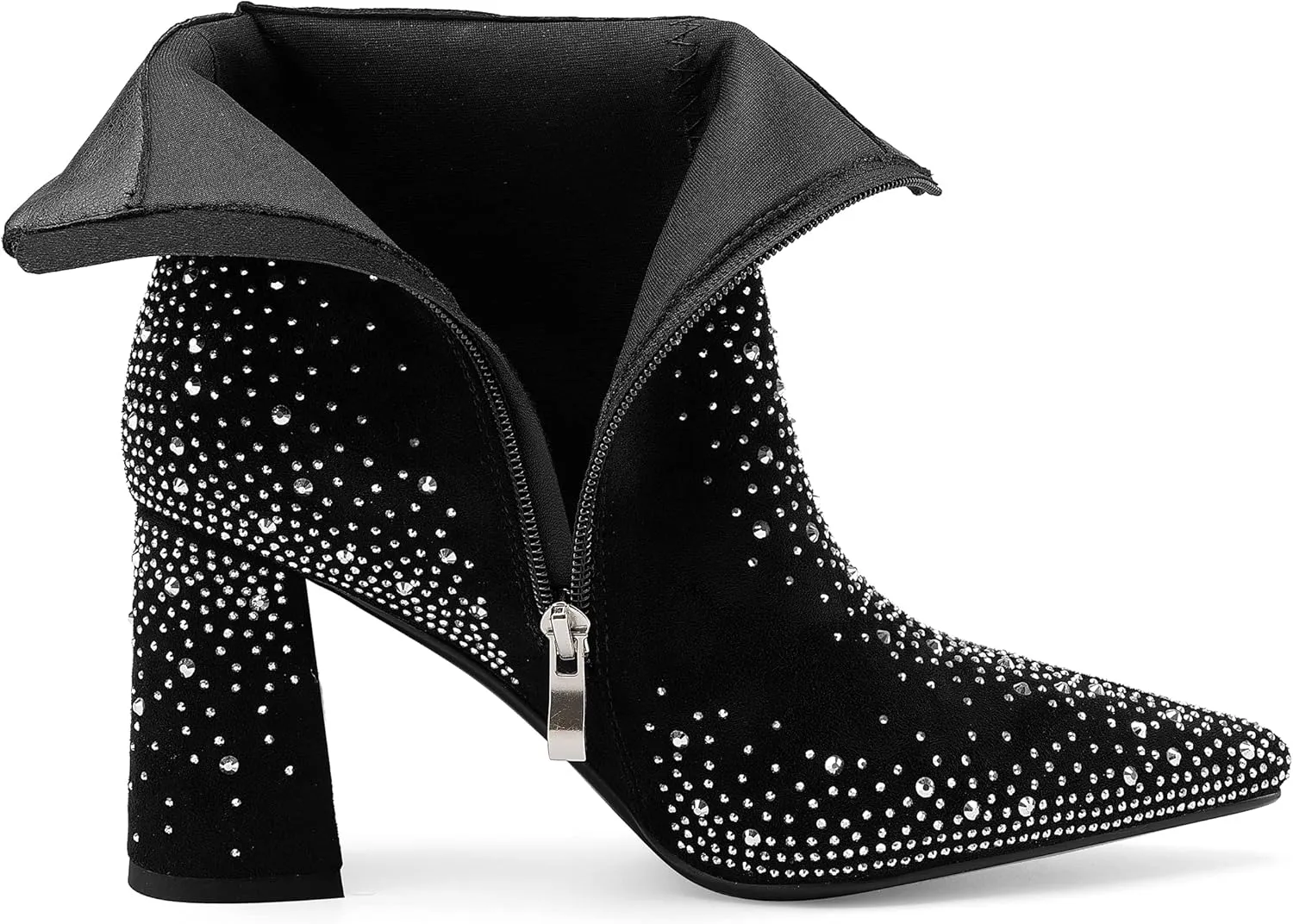 Women's Sparkly Rhinestone Block Heel Ankle Boots Fashion Pointed Toe Black Suede Side Zipper Chunky Heeled Booties