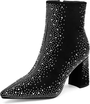 Women's Sparkly Rhinestone Block Heel Ankle Boots Fashion Pointed Toe Black Suede Side Zipper Chunky Heeled Booties