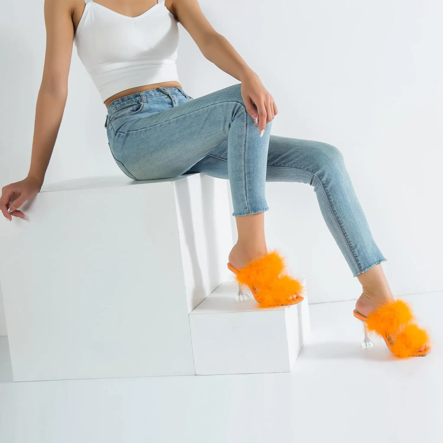 Women's Square Toe Fuzzy Heels High Clear Heel Mules Sandals Two Fluffy Feather Bands Slippers Party Prom Dresses Shoes