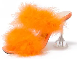 Women's Square Toe Fuzzy Heels High Clear Heel Mules Sandals Two Fluffy Feather Bands Slippers Party Prom Dresses Shoes