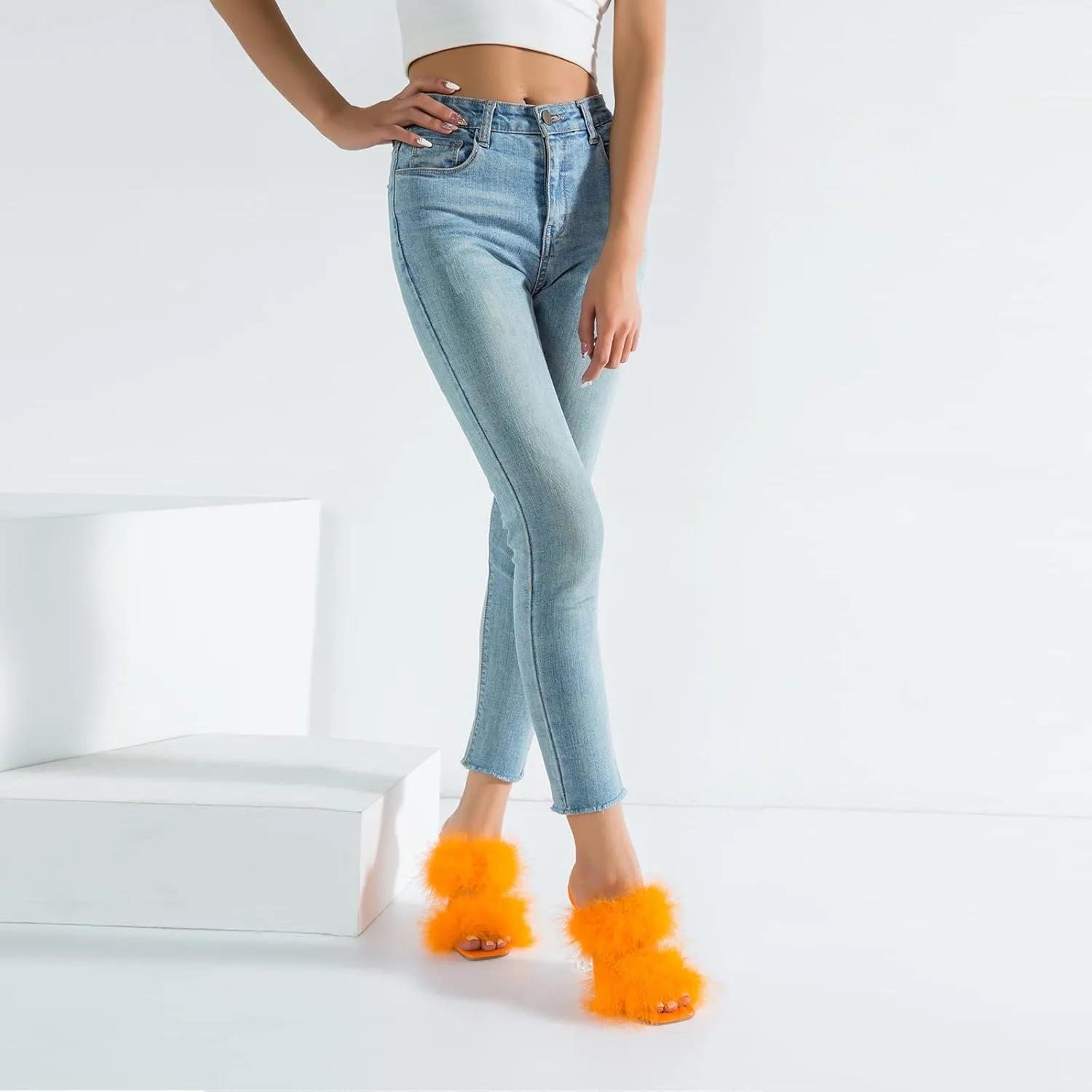 Women's Square Toe Fuzzy Heels High Clear Heel Mules Sandals Two Fluffy Feather Bands Slippers Party Prom Dresses Shoes